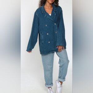 Forenza Vintage Double-Breasted Denim Blue Jean CottonJacket with Pockets Size L